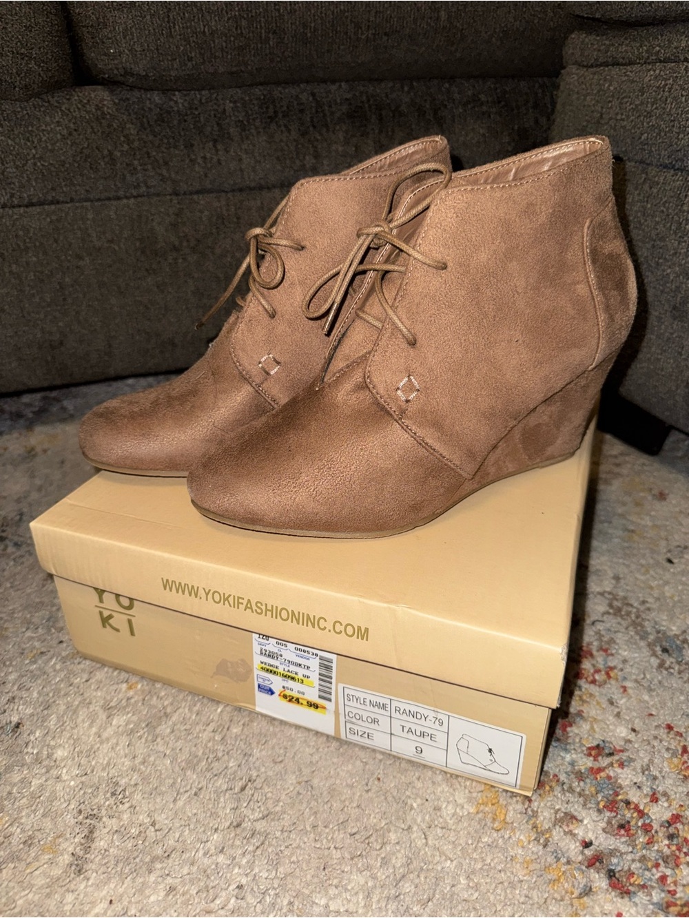 Yoki Taupe Lace-Up Suede Wedge Ankle Boots